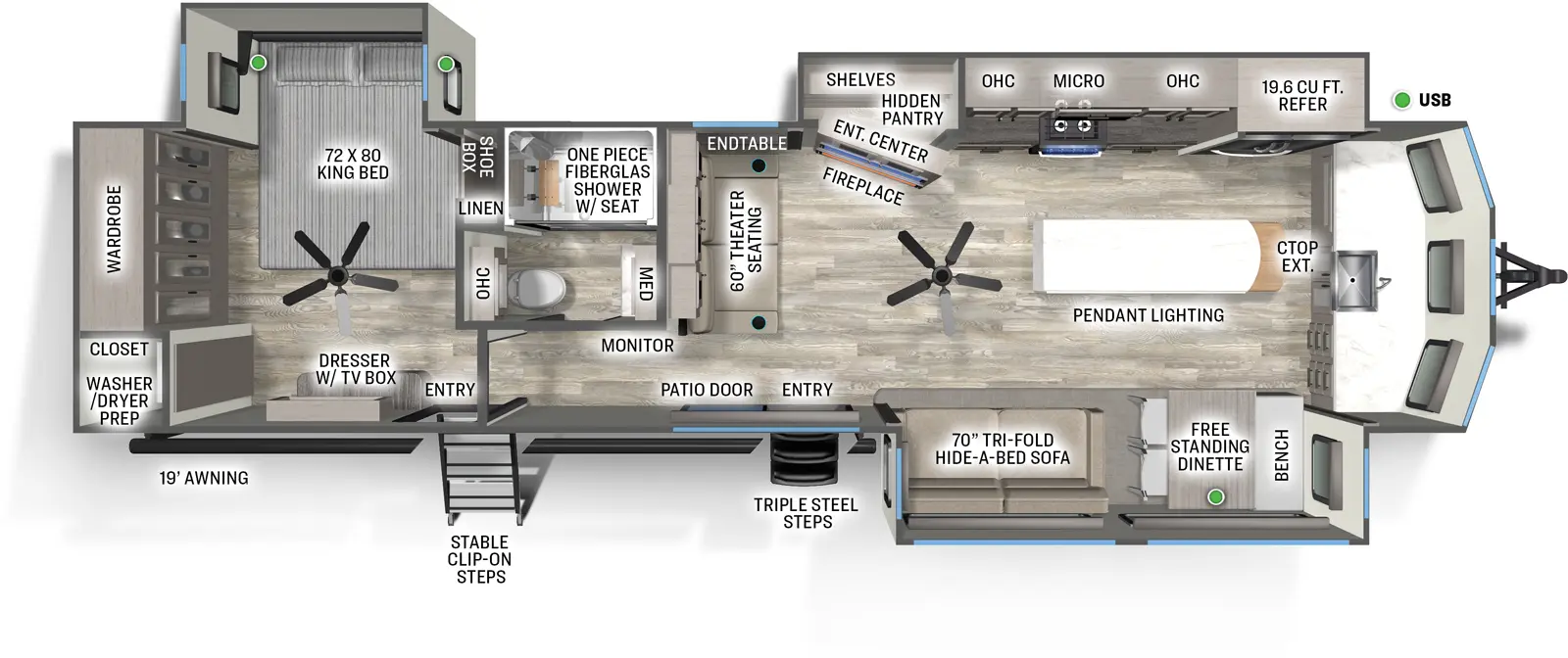 The Sierra Destination 402FK floorplan has two entries and three slide outs. Exterior features include: fiberglass exterior and 19' awning. Interiors features include: front kitchen, kitchen island, free-standing dinette option and rear bedroom.